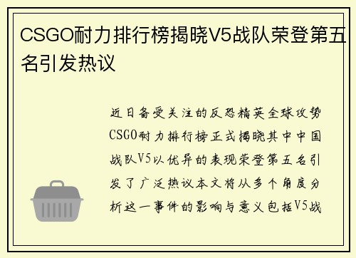 CSGO耐力排行榜揭晓V5战队荣登第五名引发热议